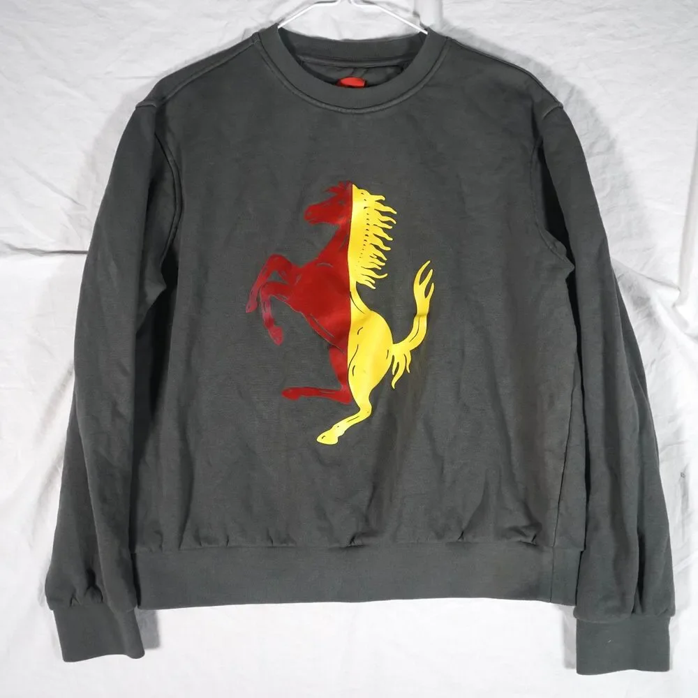 Ferrari Logo Crewneck Sweatshirt Gray Split Logo Red Yellow Men's Small RARE